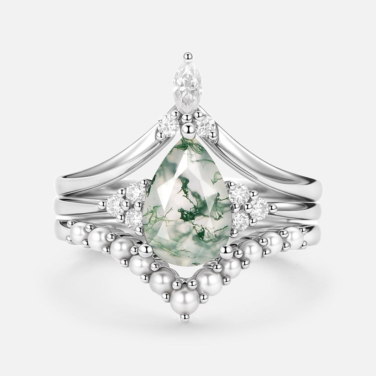 Vintage Pear Shaped Moss Agate Engagement Ring Set 3pcs.