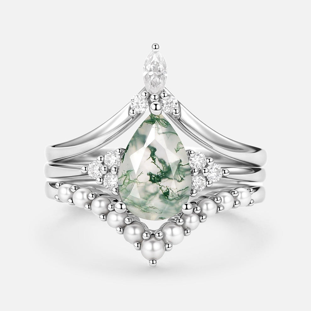Vintage Pear Shaped Moss Agate Engagement Ring Set 3pcs.