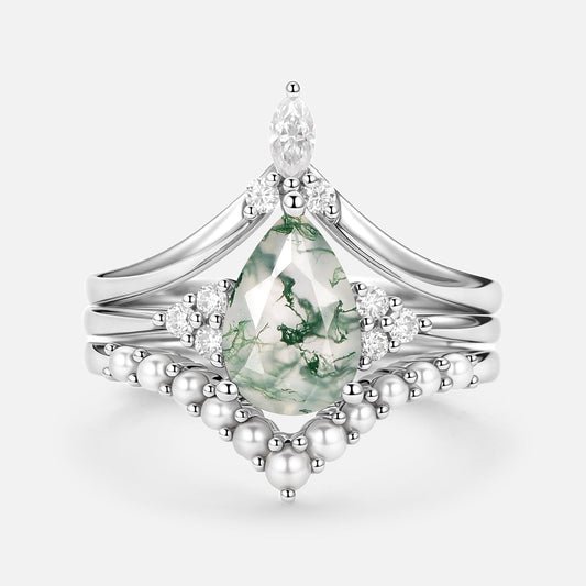 Vintage Pear Shaped Moss Agate Engagement Ring Set 3pcs.