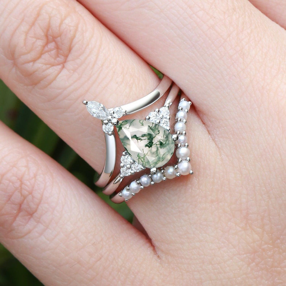 Vintage Pear Shaped Moss Agate Engagement Ring Set 3pcs.