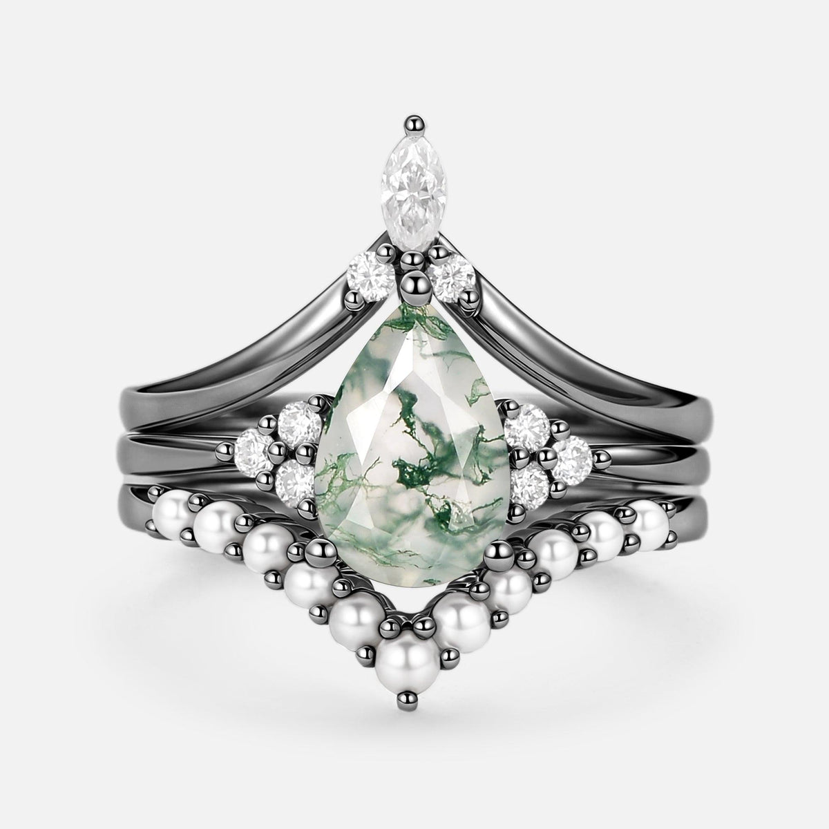 Vintage Pear Shaped Moss Agate Engagement Ring Set 3pcs.
