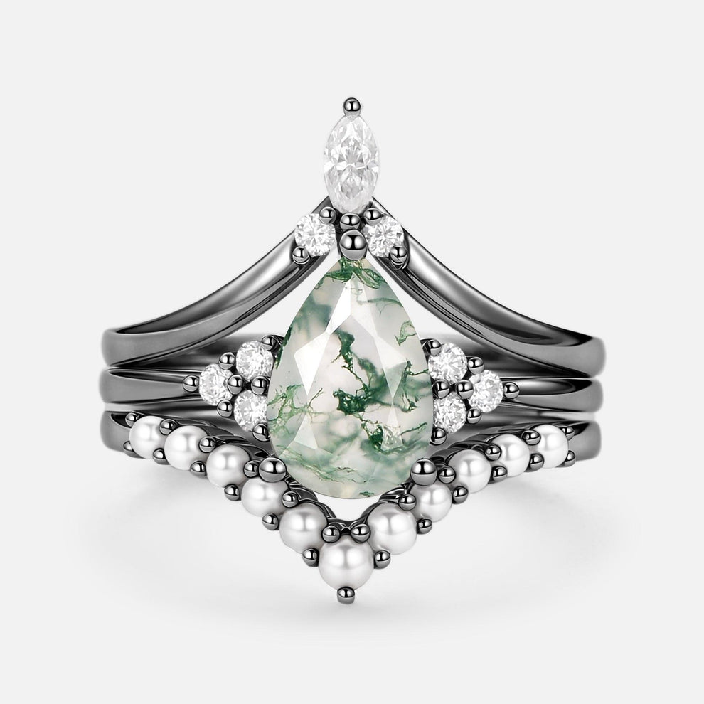 Vintage Pear Shaped Moss Agate Engagement Ring Set 3pcs.