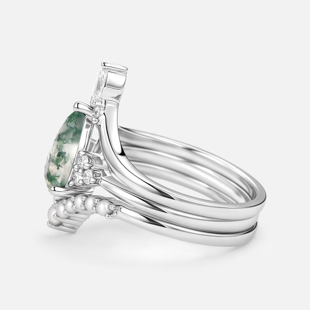 Vintage Pear Shaped Moss Agate Engagement Ring Set 3pcs.