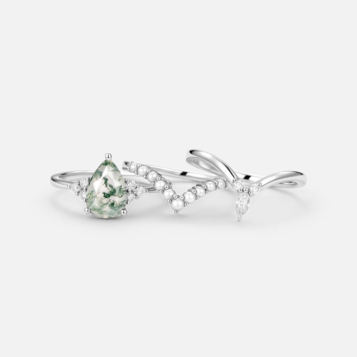 Vintage Pear Shaped Moss Agate Engagement Ring Set 3pcs.