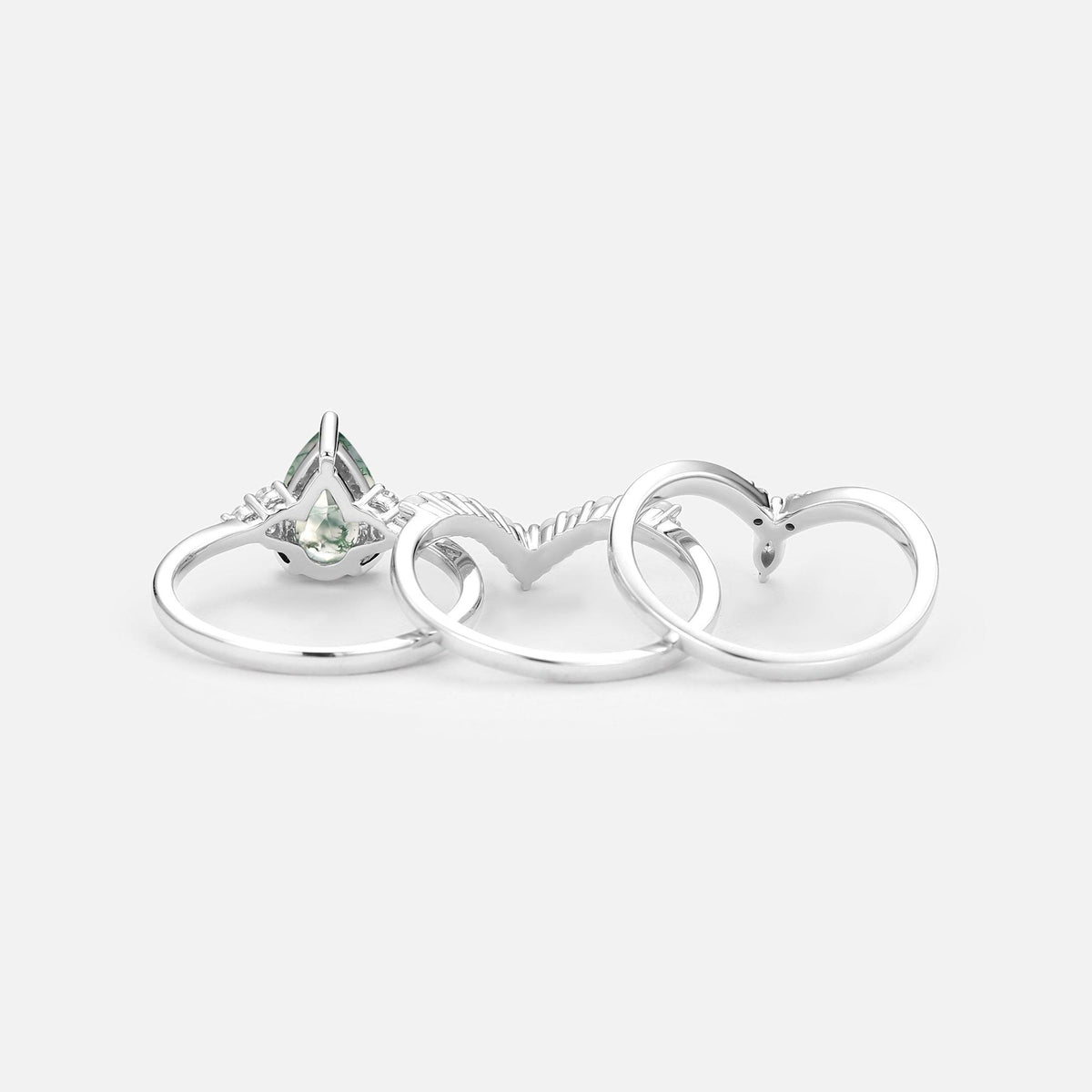 Vintage Pear Shaped Moss Agate Engagement Ring Set 3pcs.