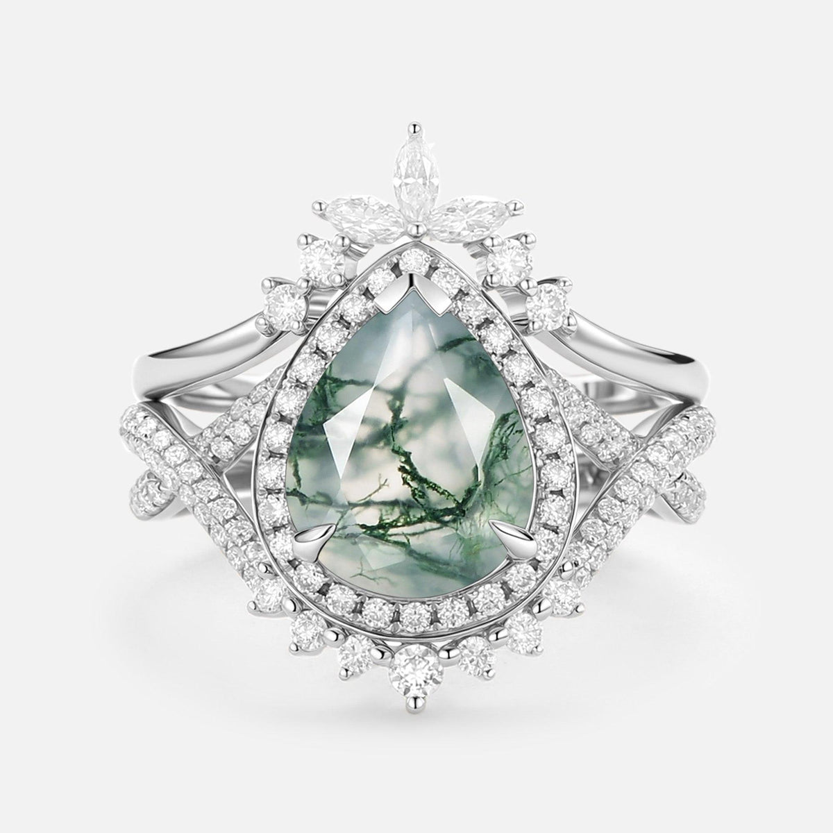 Everlyn Pear Shaped Moss Agate Antique Halo Infinity Ring Sets 2pcs.