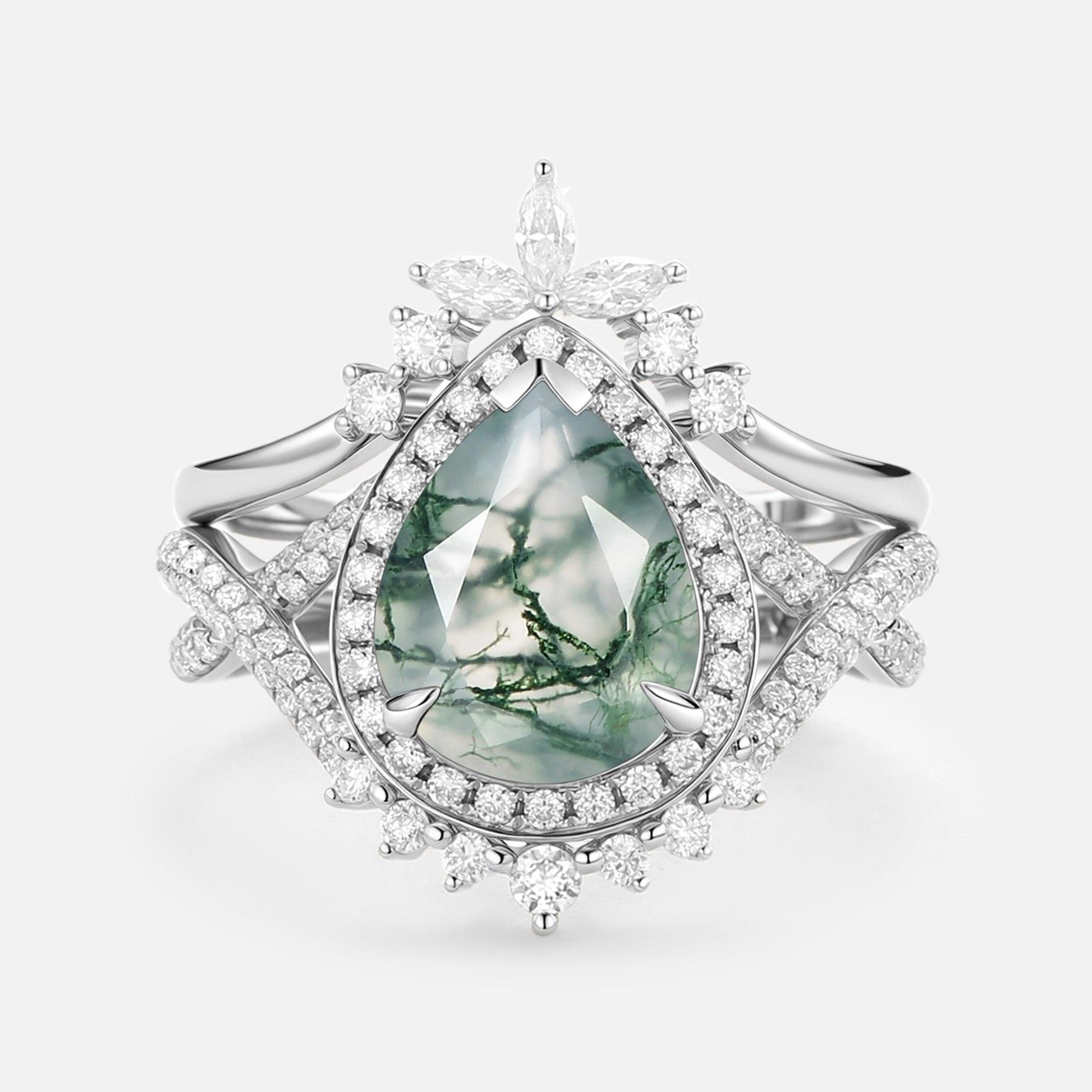 Everlyn Pear Shaped Moss Agate Antique Halo Infinity Ring Sets 2pcs.