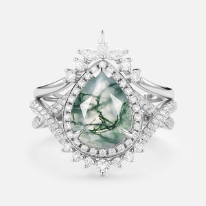 Everlyn Pear Shaped Moss Agate Antique Halo Infinity Ring Sets 2pcs.
