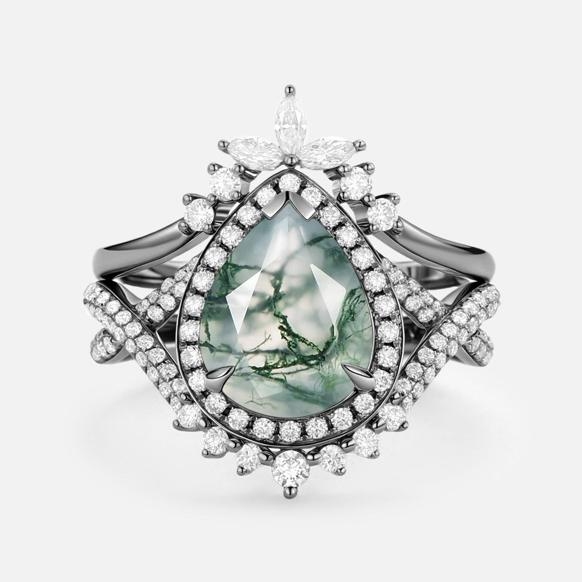 Everlyn Pear Shaped Moss Agate Antique Halo Infinity Ring Sets 2pcs.