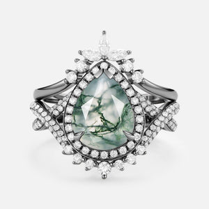 Everlyn Pear Shaped Moss Agate Antique Halo Infinity Ring Sets 2pcs.