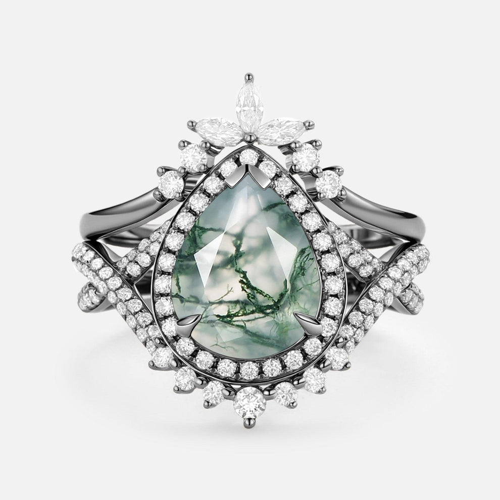 Everlyn Pear Shaped Moss Agate Antique Halo Infinity Ring Sets 2pcs.