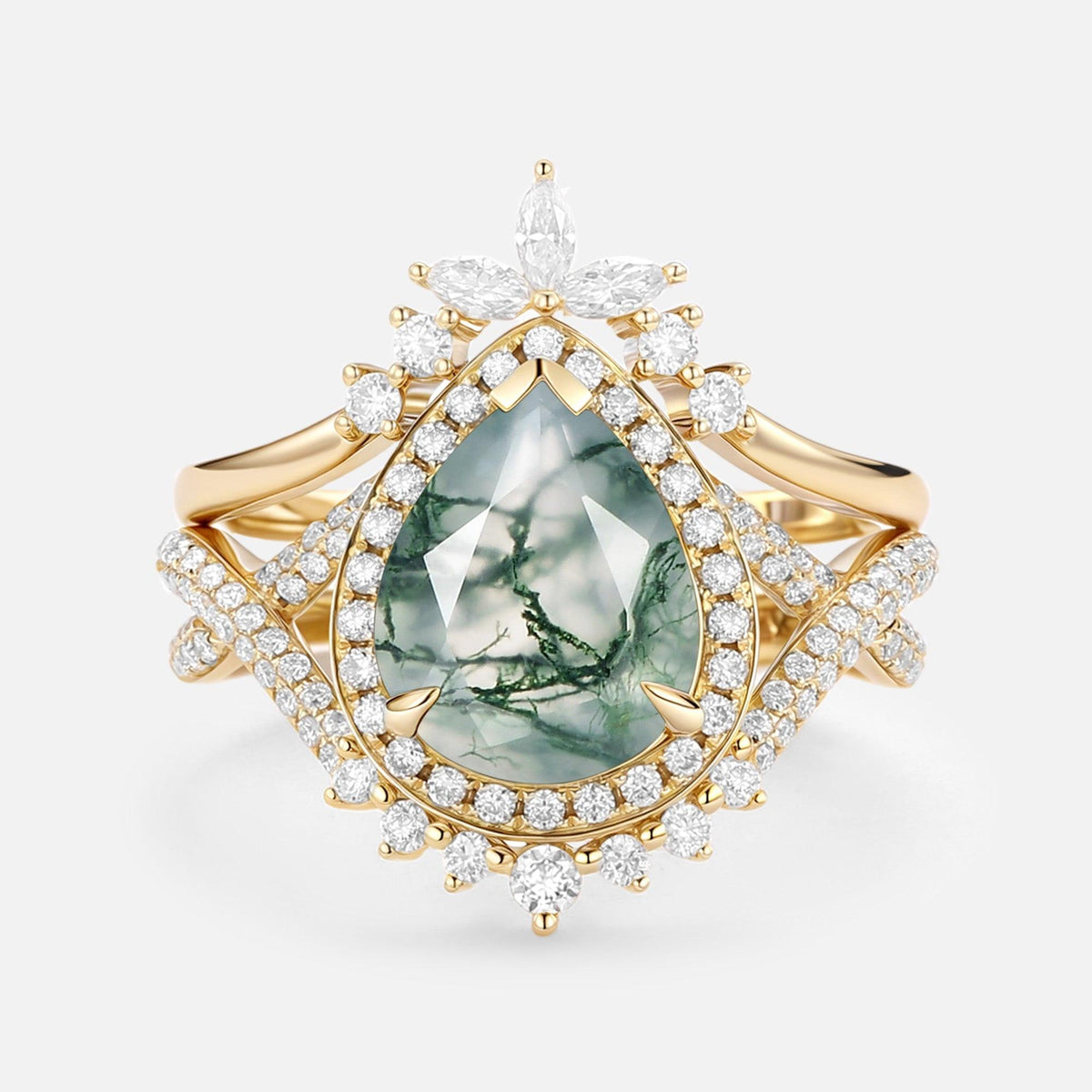 Everlyn Pear Shaped Moss Agate Antique Halo Infinity Ring Sets 2pcs.