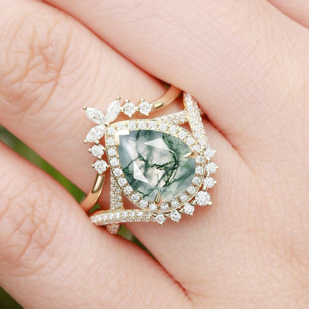 Everlyn Pear Shaped Moss Agate Antique Halo Infinity Ring Sets 2pcs.