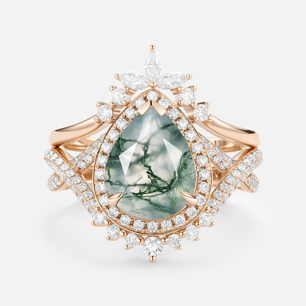 Everlyn Pear Shaped Moss Agate Antique Halo Infinity Ring Sets 2pcs.