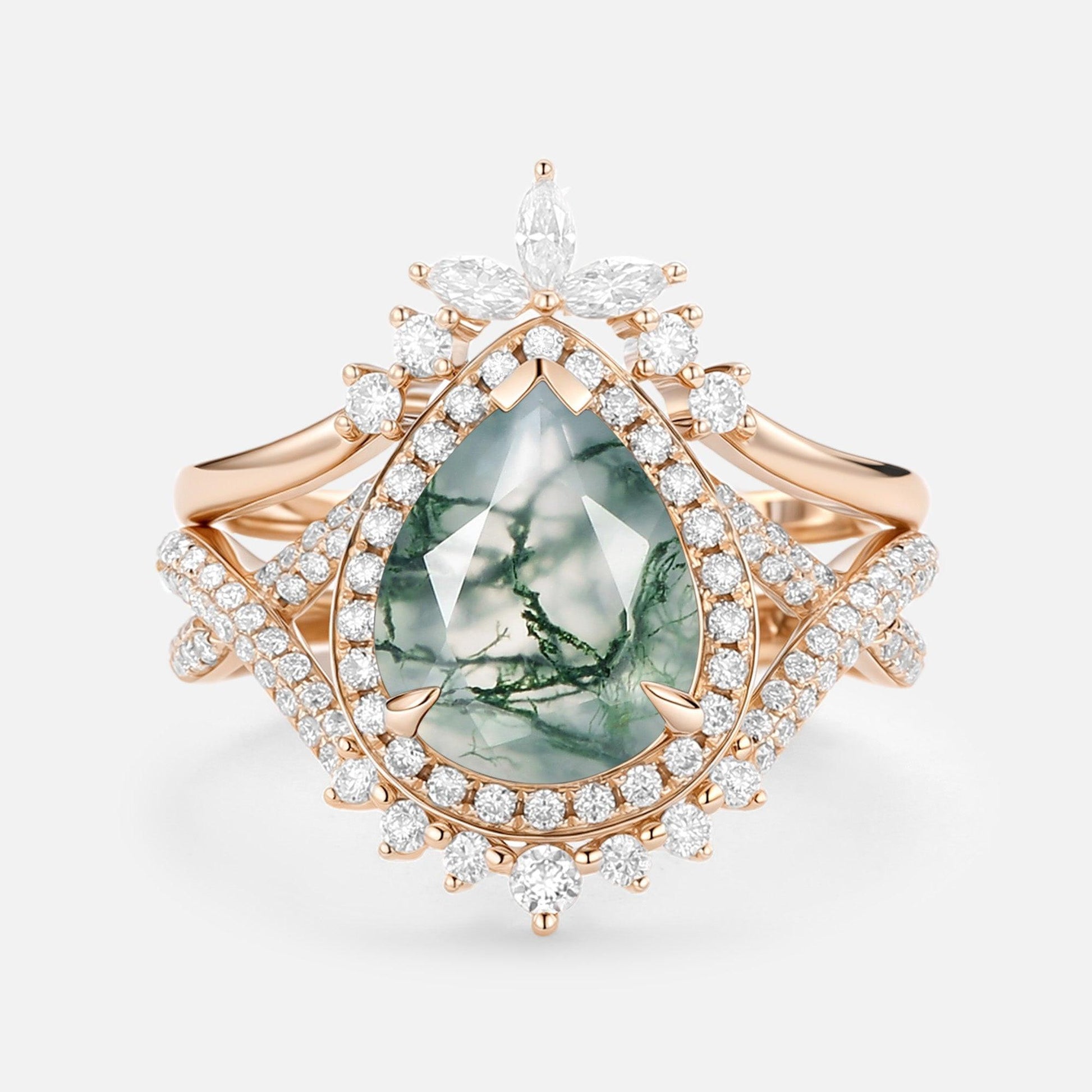 Everlyn Pear Shaped Moss Agate Antique Halo Infinity Ring Sets 2pcs.