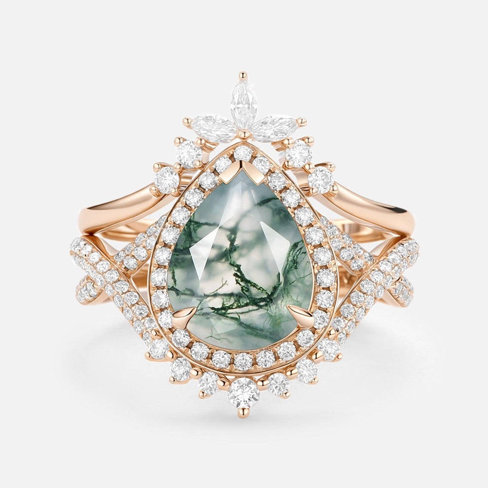 Everlyn Pear Shaped Moss Agate Antique Halo Infinity Ring Sets 2pcs.