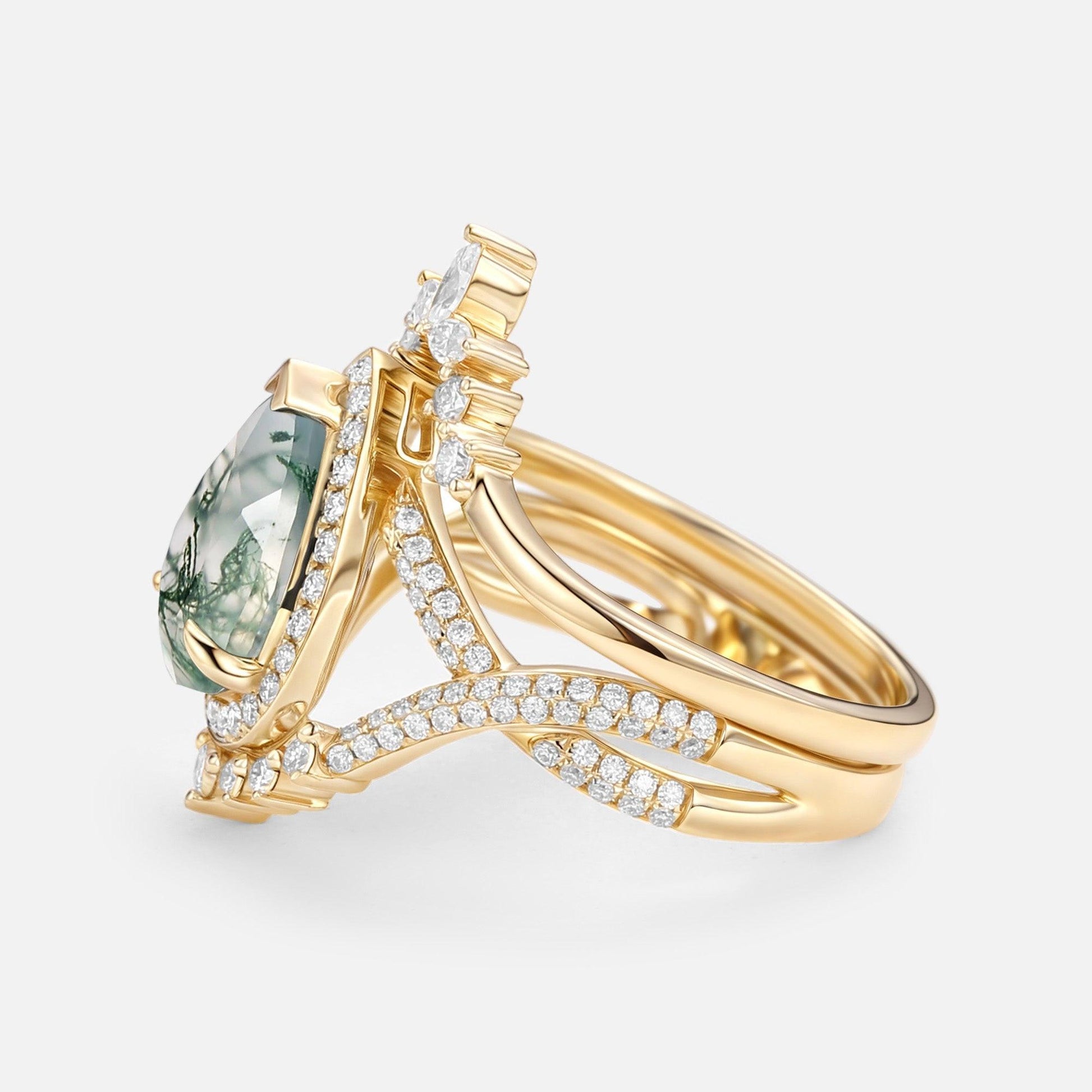 Everlyn Pear Shaped Moss Agate Antique Halo Infinity Ring Sets 2pcs.