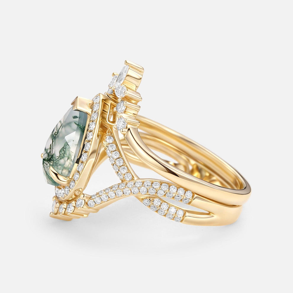 Everlyn Pear Shaped Moss Agate Antique Halo Infinity Ring Sets 2pcs.