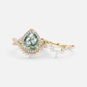 Everlyn Pear Shaped Moss Agate Antique Halo Infinity Ring Sets 2pcs.