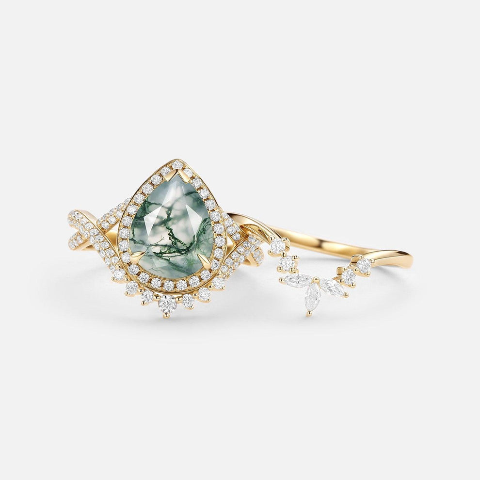 Everlyn Pear Shaped Moss Agate Antique Halo Infinity Ring Sets 2pcs.