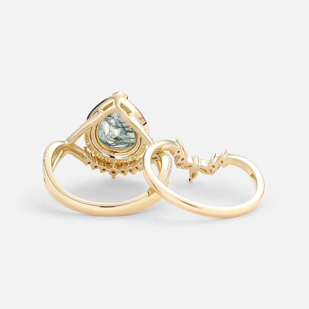 Everlyn Pear Shaped Moss Agate Antique Halo Infinity Ring Sets 2pcs.