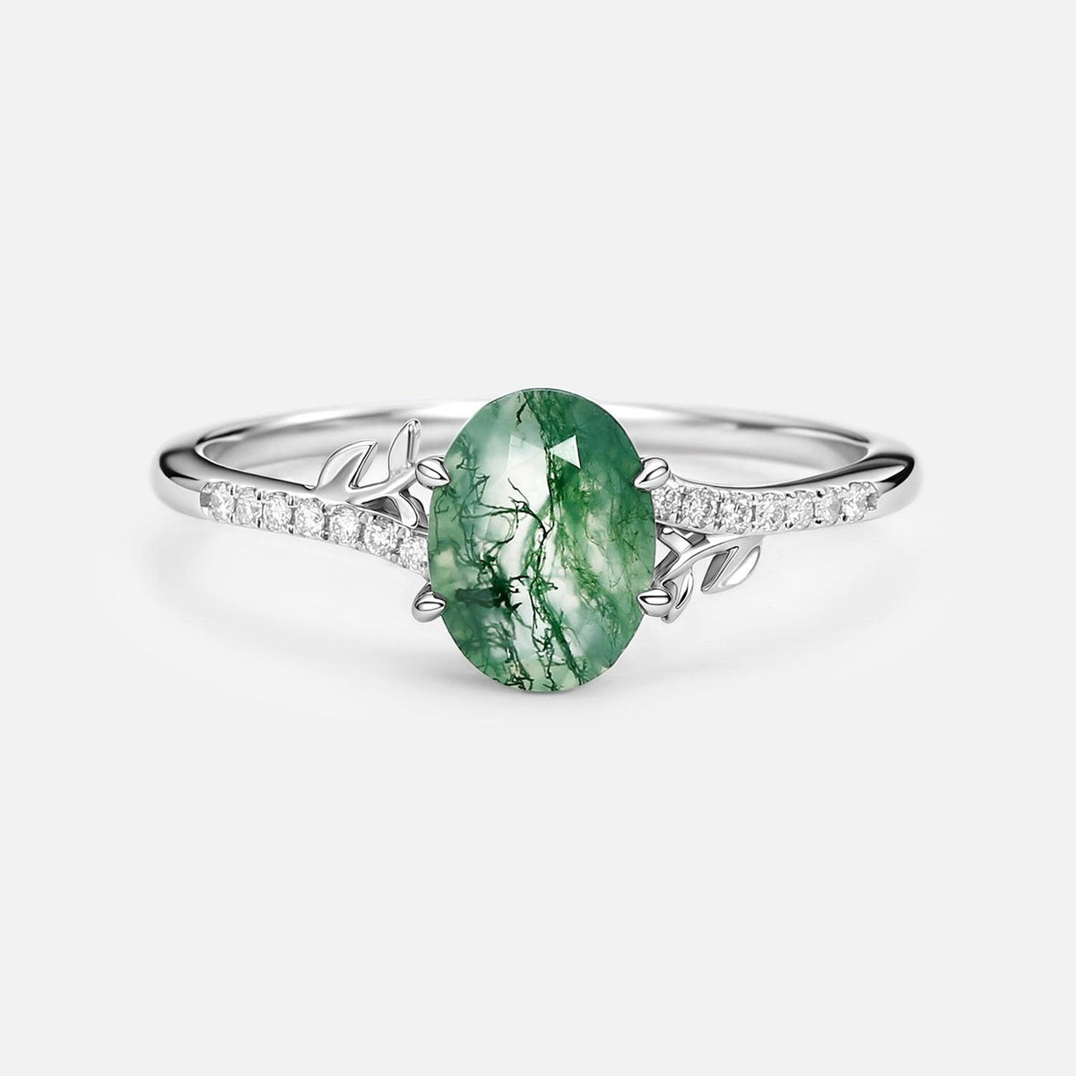 3.5ct Moss Agate Oval Shaped Leafy Engagement Ring.