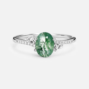 3.5ct Moss Agate Oval Shaped Leafy Engagement Ring.