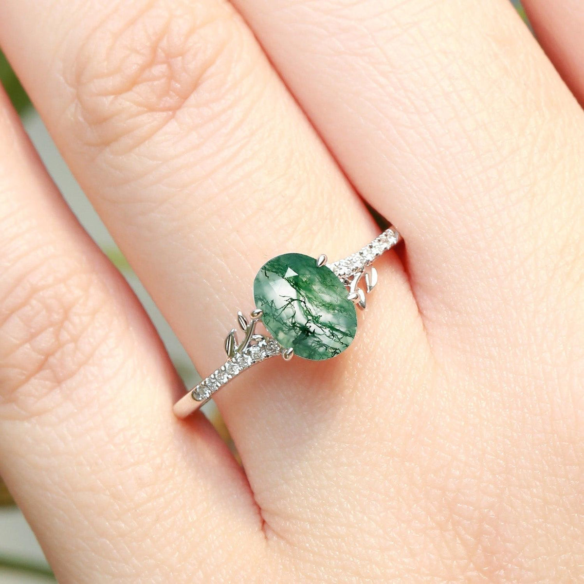 3.5ct Moss Agate Oval Shaped Leafy Engagement Ring.