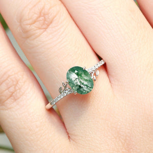 3.5ct Moss Agate Oval Shaped Leafy Engagement Ring.