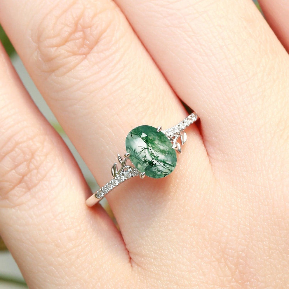 3.5ct Moss Agate Oval Shaped Leafy Engagement Ring.