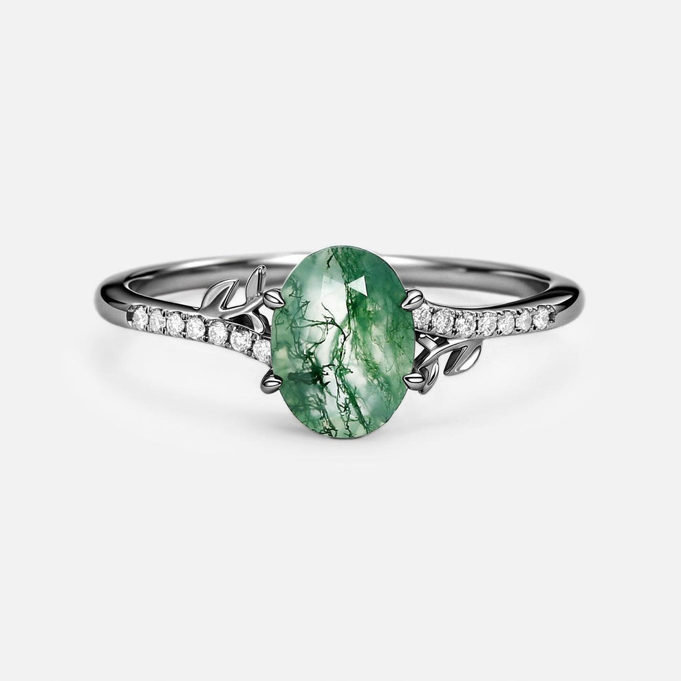 3.5ct Moss Agate Oval Shaped Leafy Engagement Ring.