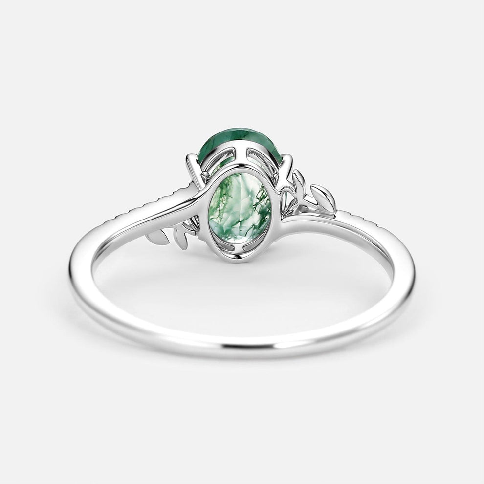 3.5ct Moss Agate Oval Shaped Leafy Engagement Ring.