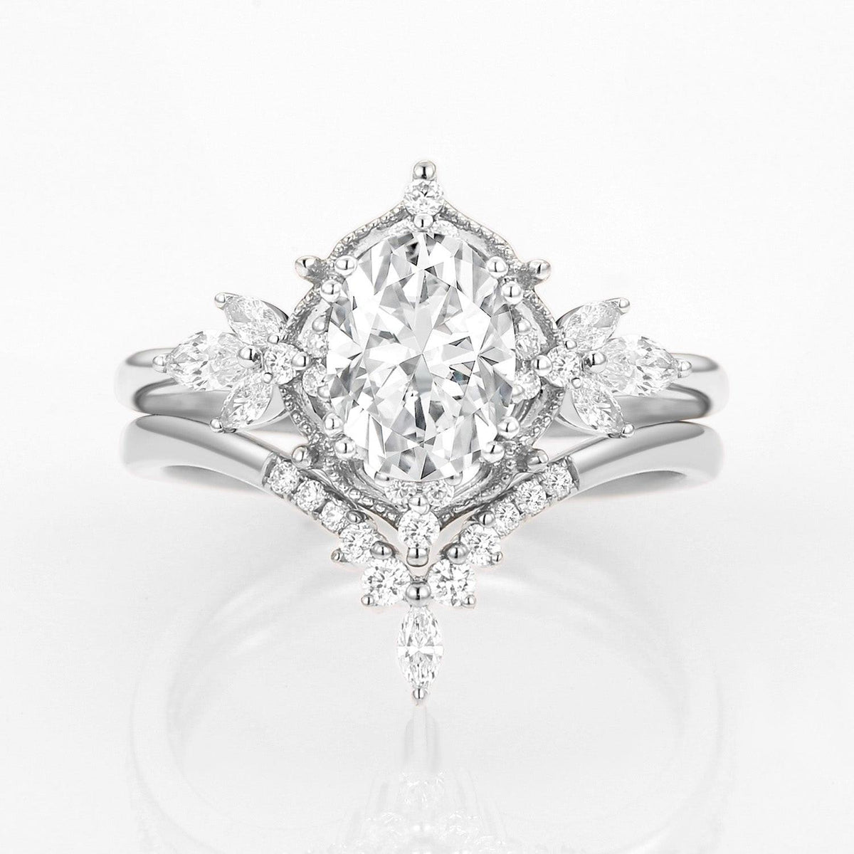Rosalind’s Arbor | Antique Oval Moss Agate & Curved Moissanite Bridal Set 2pcs.