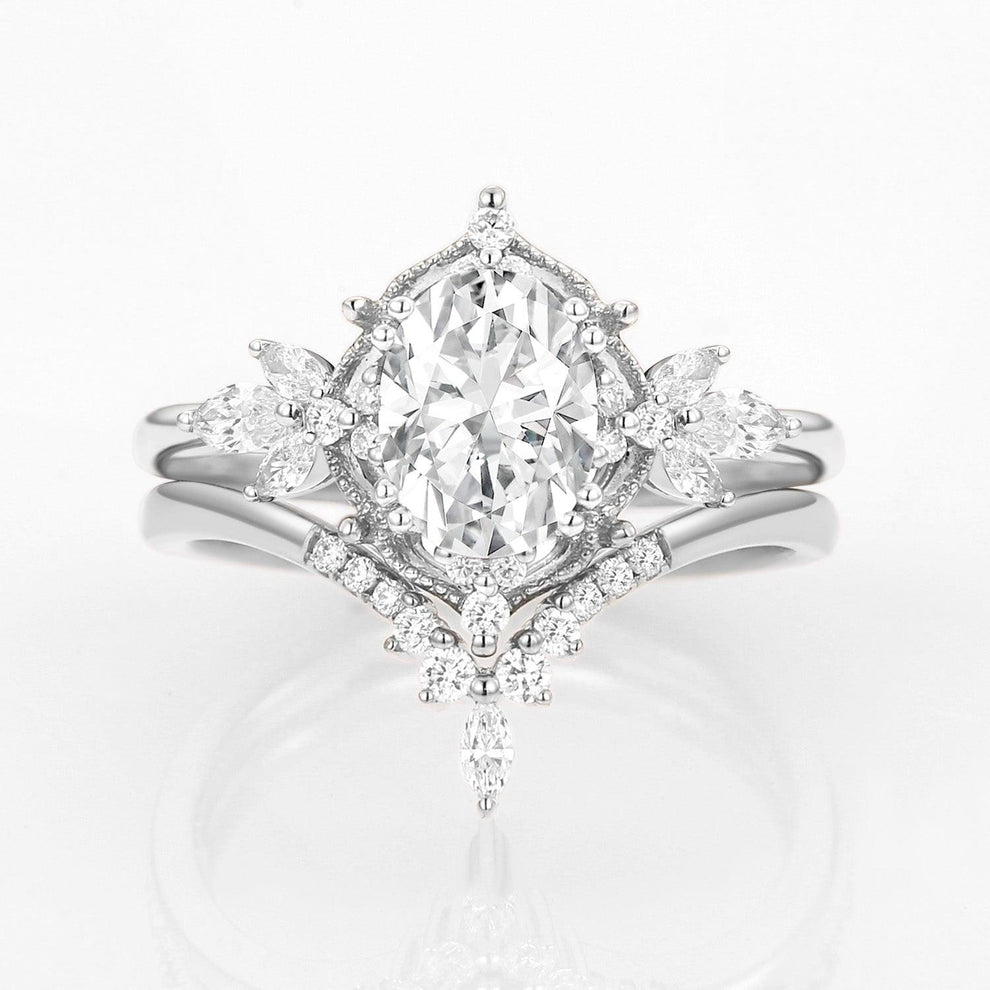 Rosalind’s Arbor | Antique Oval Moss Agate & Curved Moissanite Bridal Set 2pcs.