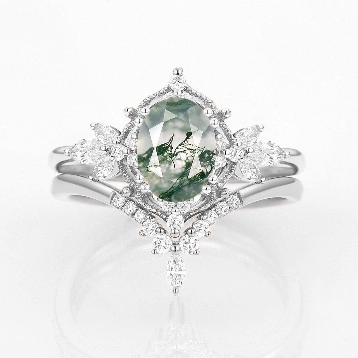 Rosalind’s Arbor | Antique Oval Moss Agate & Curved Moissanite Bridal Set 2pcs.