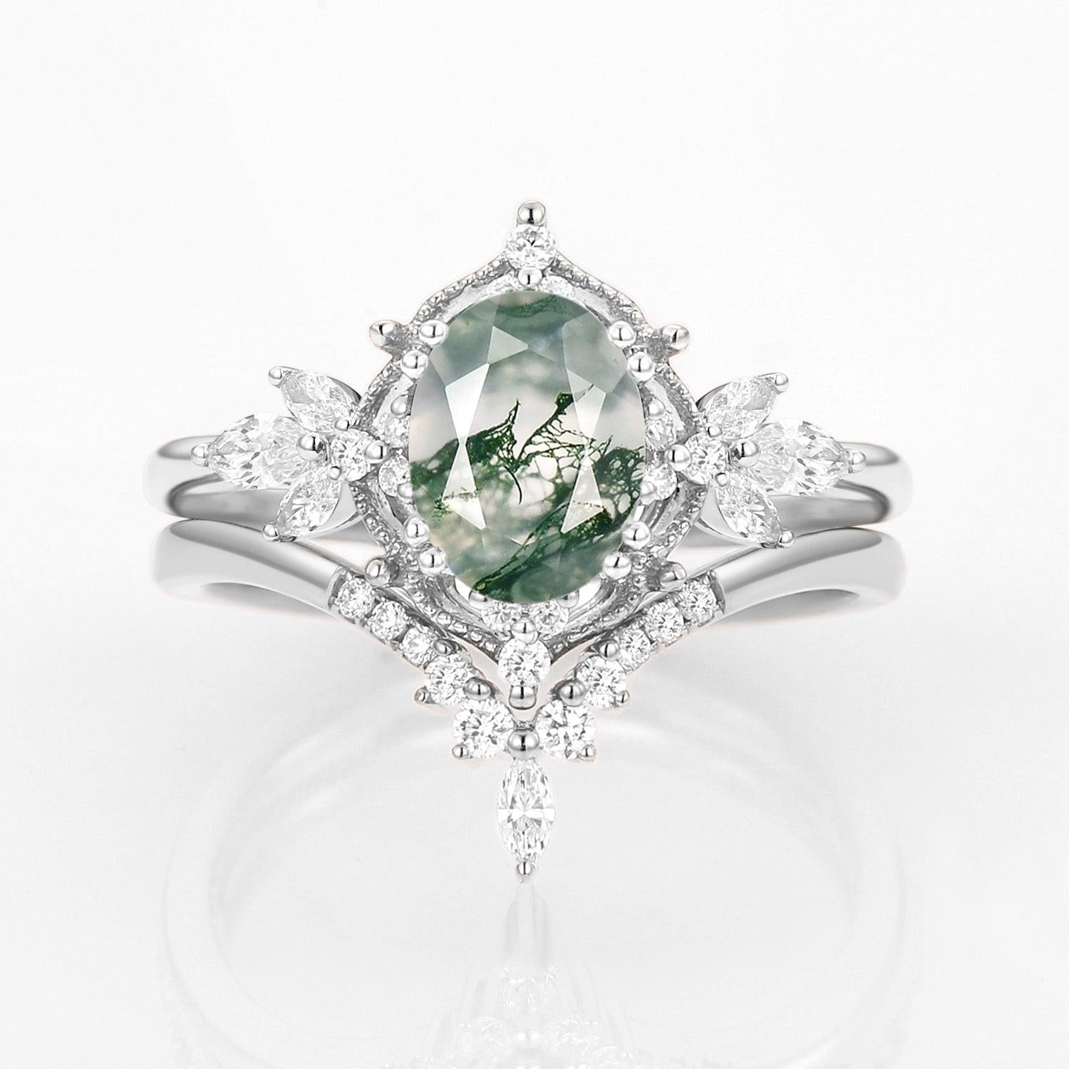 Rosalind’s Arbor | Antique Oval Moss Agate & Curved Moissanite Bridal Set 2pcs.
