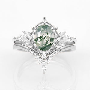 Rosalind’s Arbor | Antique Oval Moss Agate & Curved Moissanite Bridal Set 2pcs.