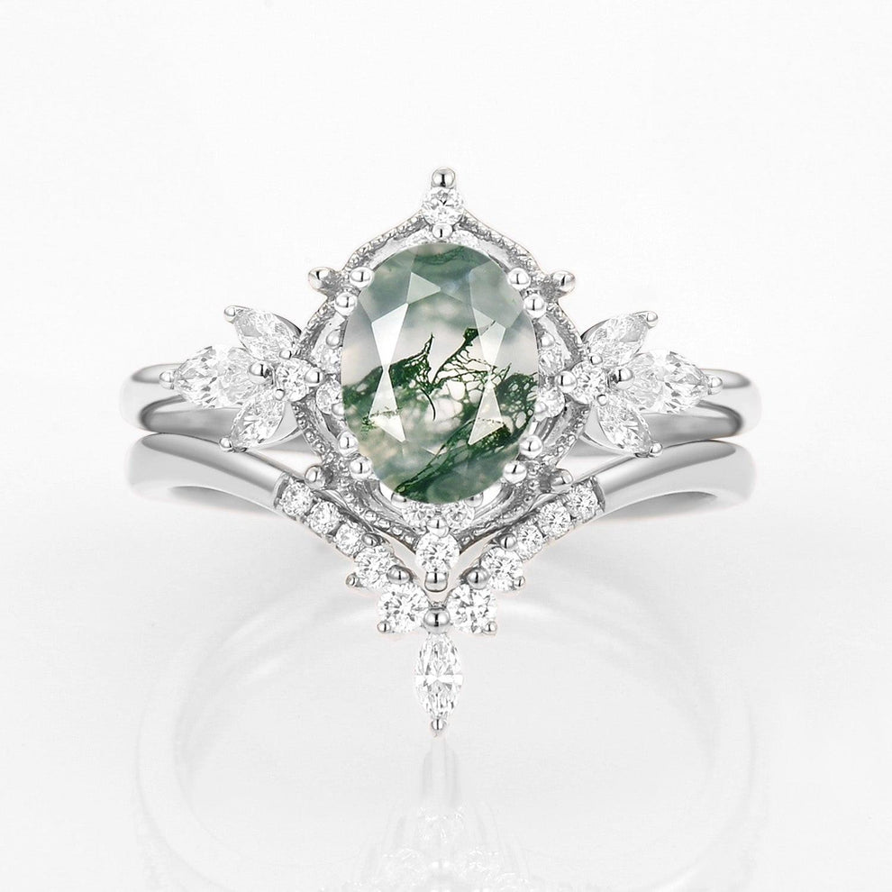 Rosalind’s Arbor | Antique Oval Moss Agate & Curved Moissanite Bridal Set 2pcs.
