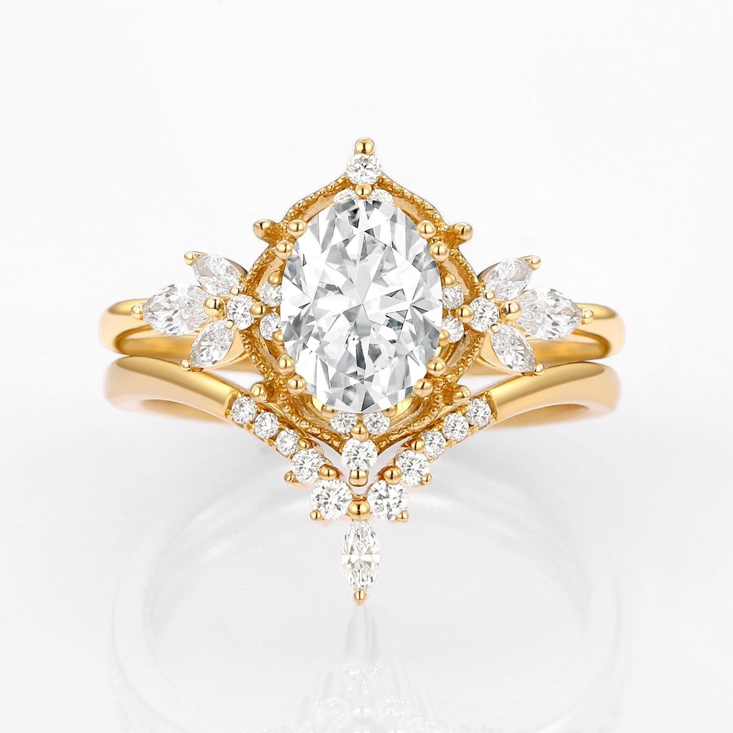 Rosalind’s Arbor | Antique Oval Moss Agate & Curved Moissanite Bridal Set 2pcs.