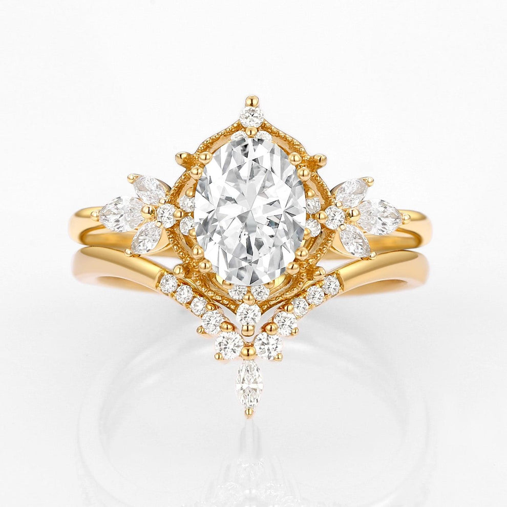 Rosalind’s Arbor | Antique Oval Moss Agate & Curved Moissanite Bridal Set 2pcs.