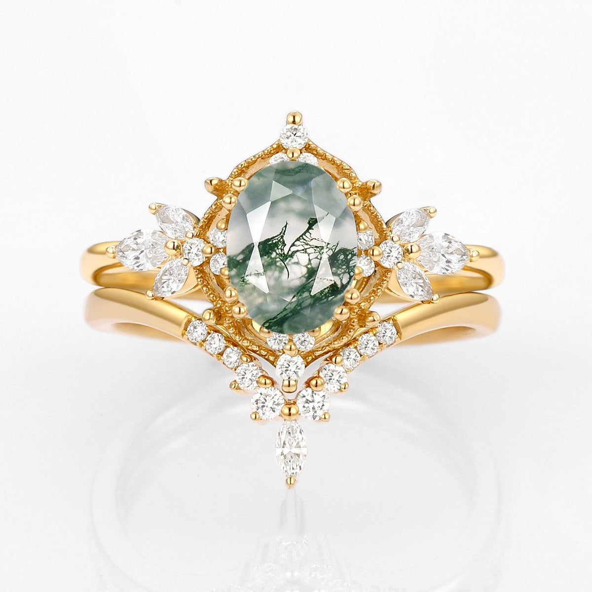Rosalind’s Arbor | Antique Oval Moss Agate & Curved Moissanite Bridal Set 2pcs.