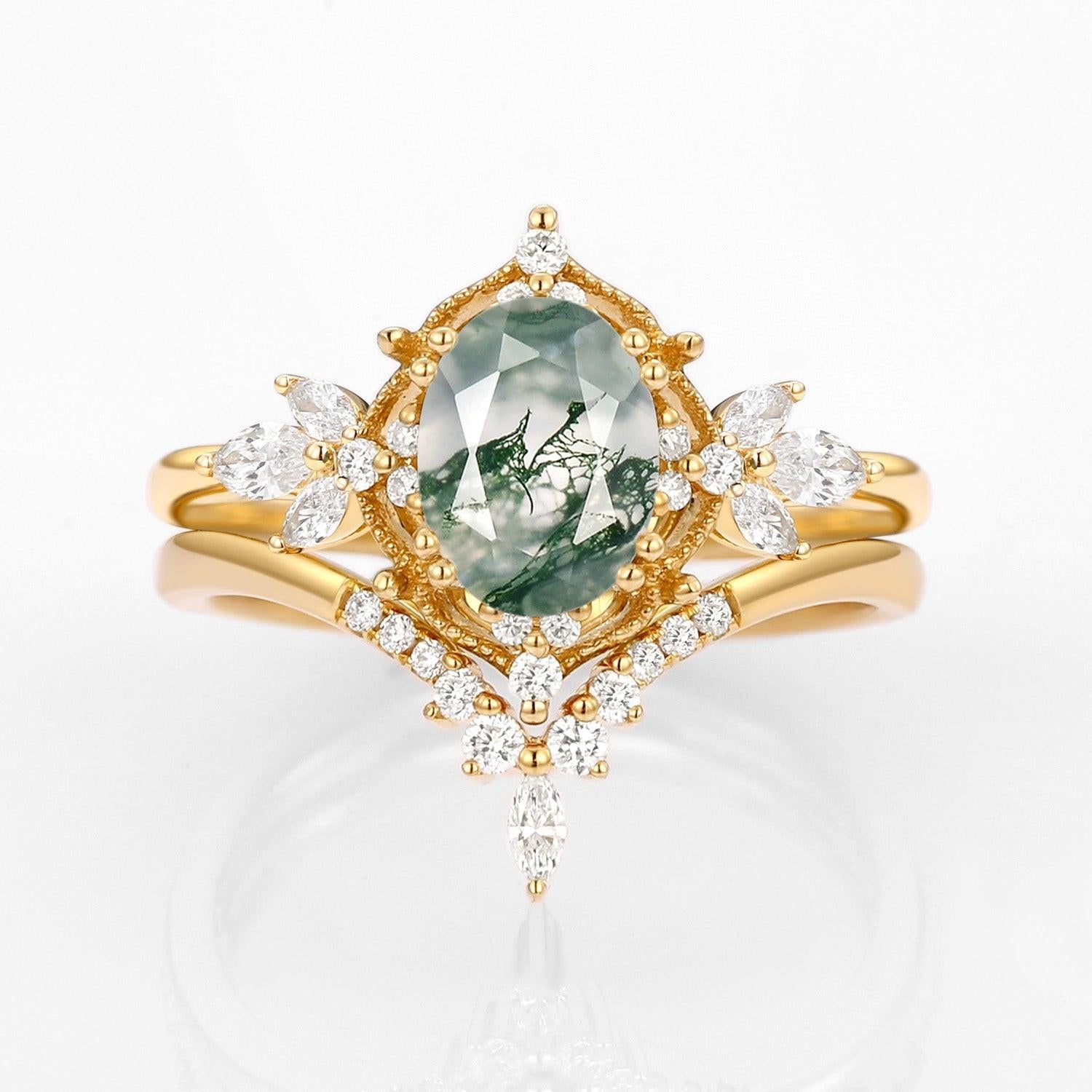 Rosalind’s Arbor | Antique Oval Moss Agate & Curved Moissanite Bridal Set 2pcs.