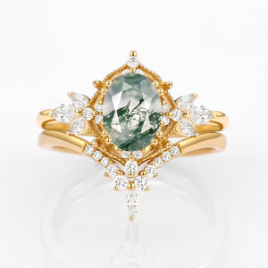 Rosalind’s Arbor | Antique Oval Moss Agate & Curved Moissanite Bridal Set 2pcs.