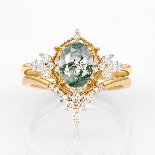 Rosalind’s Arbor | Antique Oval Moss Agate & Curved Moissanite Bridal Set 2pcs.