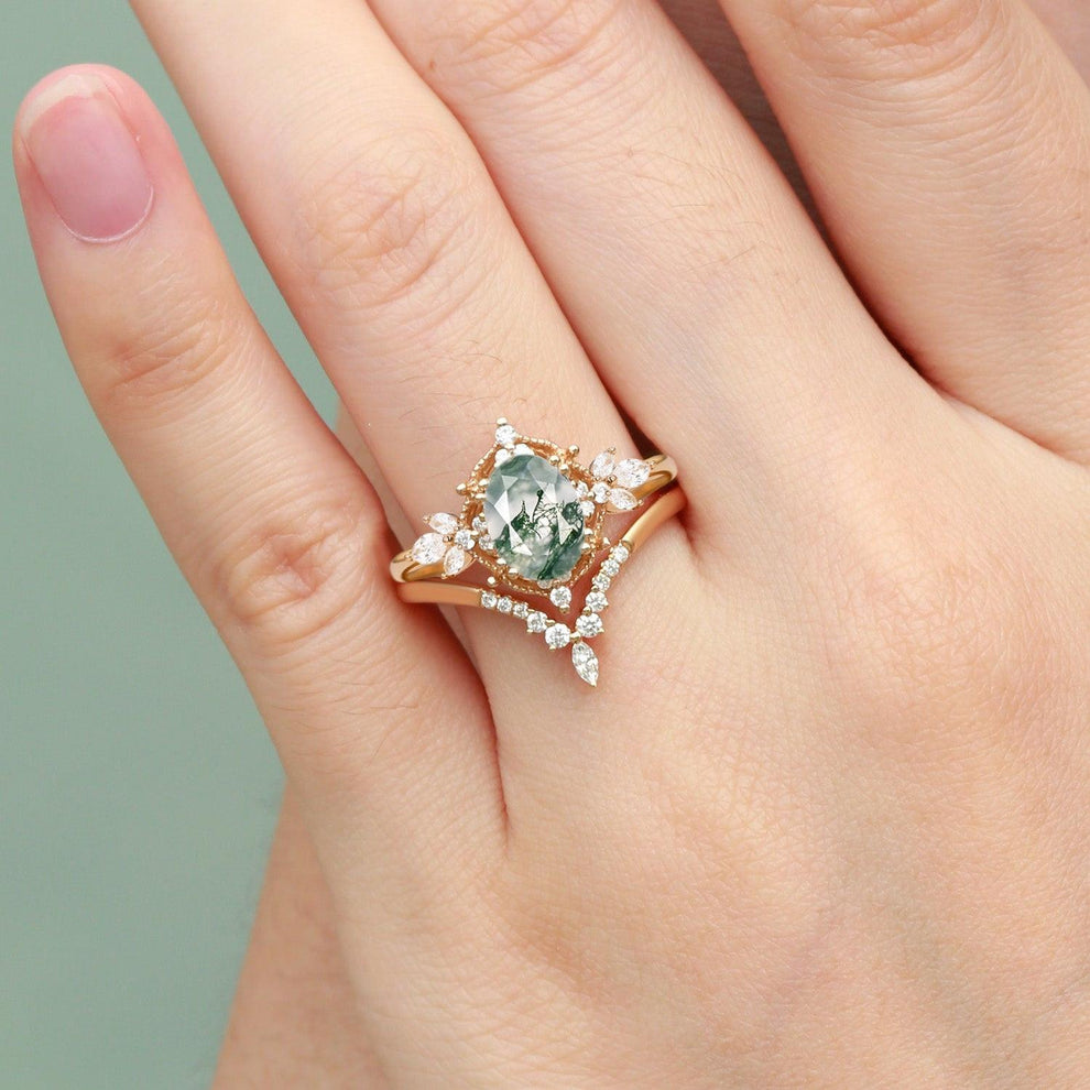 Rosalind’s Arbor | Antique Oval Moss Agate & Curved Moissanite Bridal Set 2pcs.