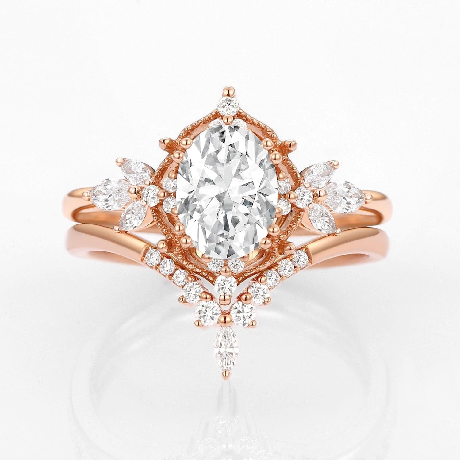Rosalind’s Arbor | Antique Oval Moss Agate & Curved Moissanite Bridal Set 2pcs.