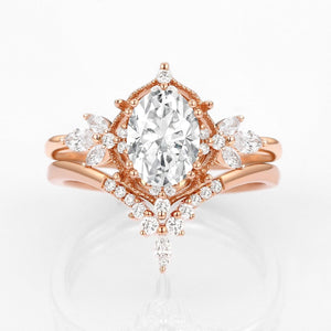 Rosalind’s Arbor | Antique Oval Moss Agate & Curved Moissanite Bridal Set 2pcs.