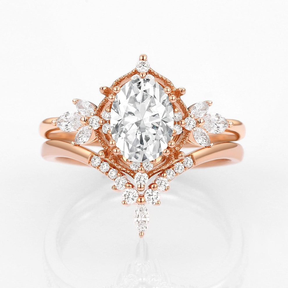 Rosalind’s Arbor | Antique Oval Moss Agate & Curved Moissanite Bridal Set 2pcs.