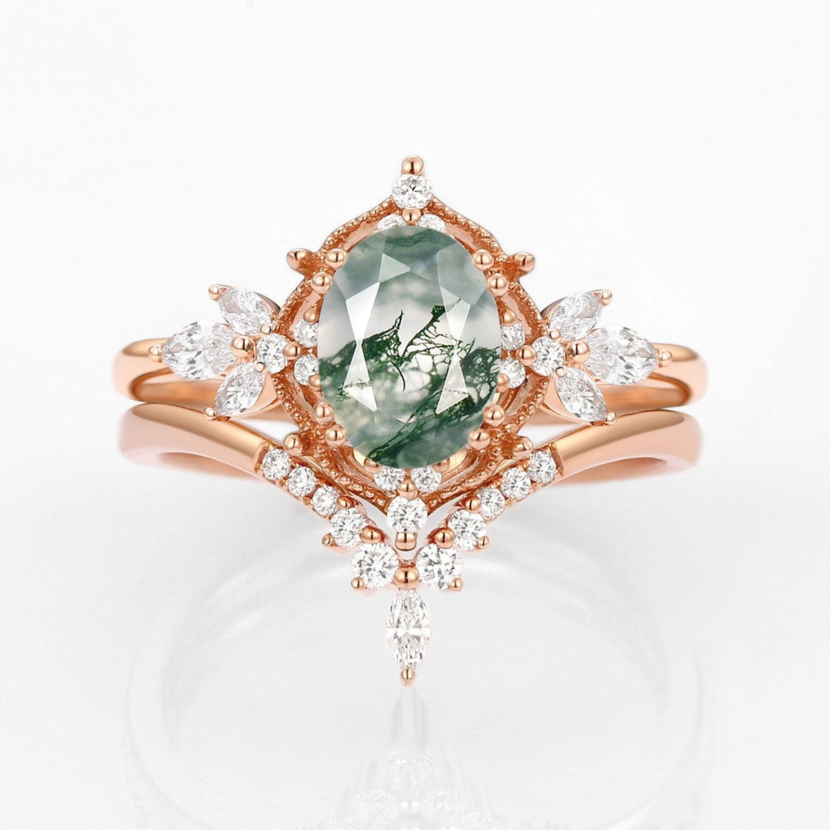 Rosalind’s Arbor | Antique Oval Moss Agate & Curved Moissanite Bridal Set 2pcs.