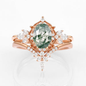Rosalind’s Arbor | Antique Oval Moss Agate & Curved Moissanite Bridal Set 2pcs.